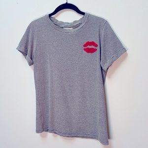 Lauren Moshi Collection white and black pinstripe short sleeve, lip embroidery